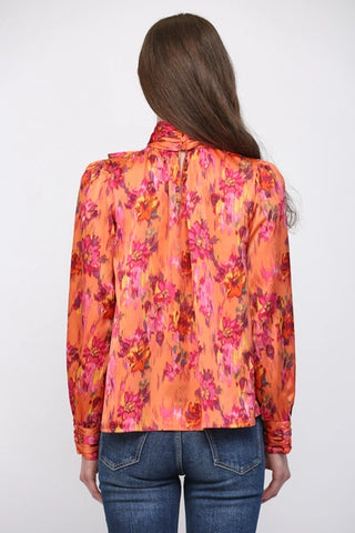 Orange Satin Floral Tie Neck Blouse
