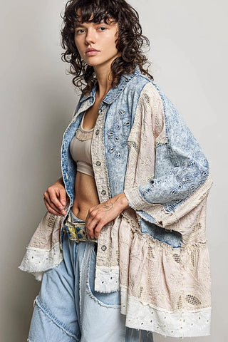 Denim Eyelet Crochet Patch Jacket
