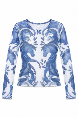 Blue Horse Print Sheer Mesh Long Sleeve Top - white background flat lay