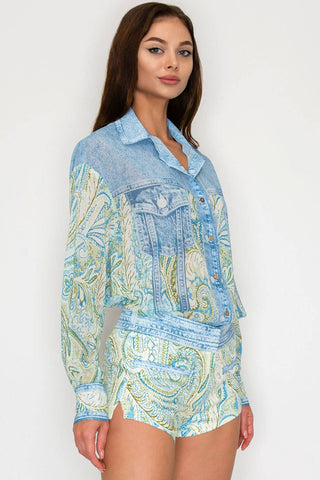 Paisley Denim Effect Chiffon Shirt & Shorts Set