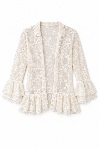 Beige Lace Ruffle Cardigan - white background flat lay