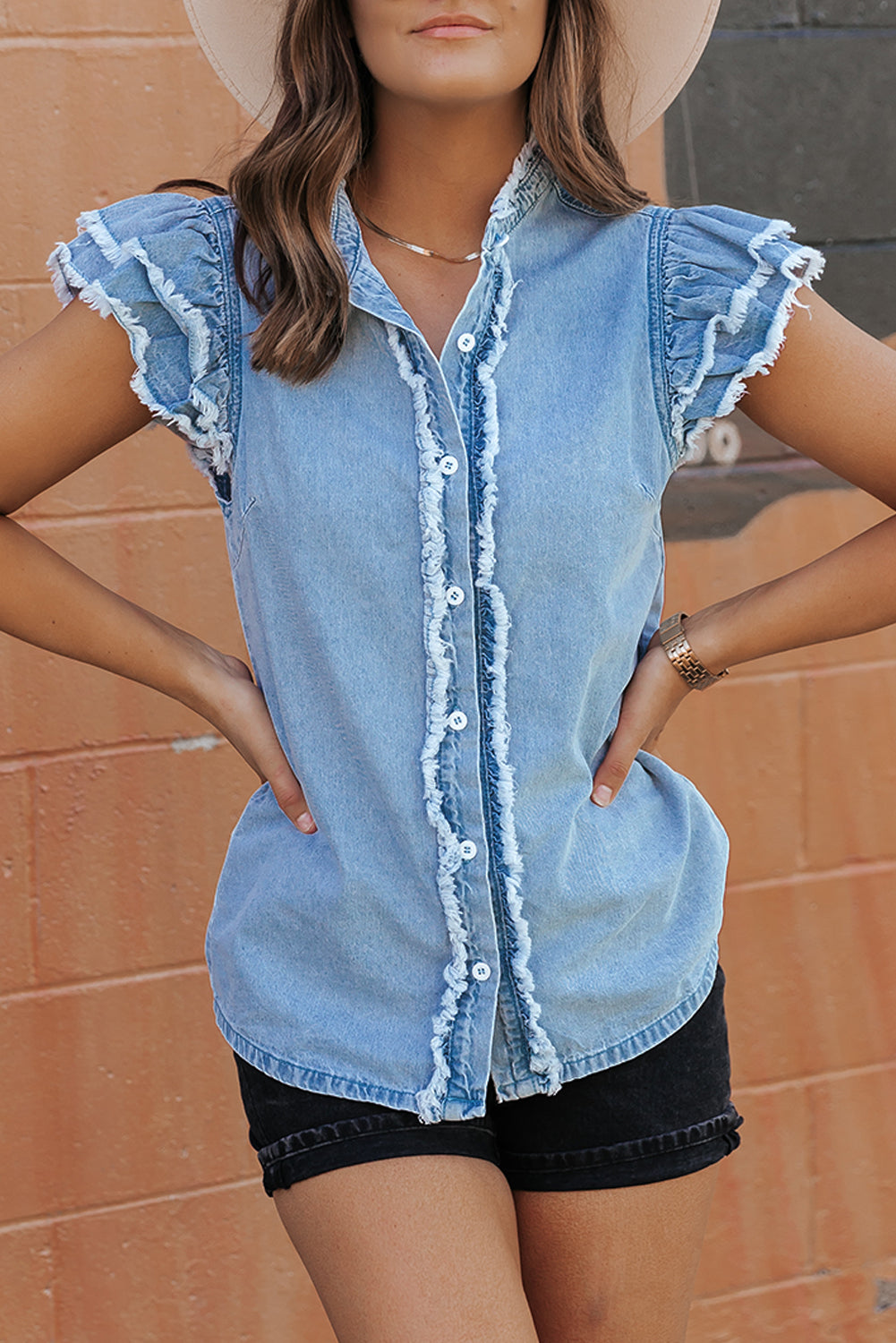 Black Button Front Ruffled Flutter Frayed Denim Top Born To Glam