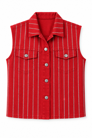 Red Crystal Stripe Denim Vest - white background flat lay