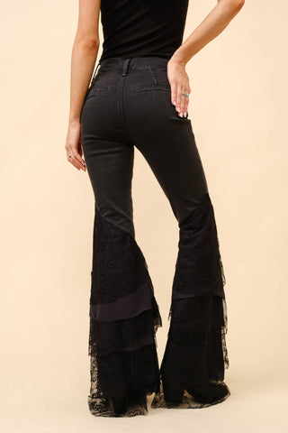Mid Rise Lace Tiered Flare Denim Jeans - Born To Glam