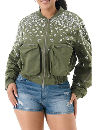 Olive Floral Pearl Long Sleeve Bomber Jacket – supplier photo 6