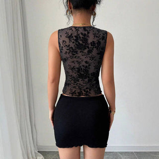 Black Flocked Mesh V-Neck Lace Tank Top — view 2