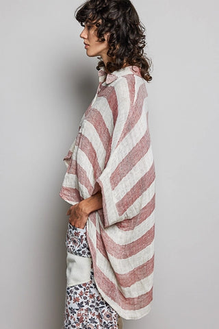 Red Lightweight Stripe Button-Front Woven Blouse