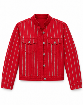 Red Crystal Stripe Denim Jacket - white background flat lay