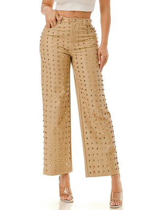 Beige Studded Wide Leg Faux Leather Pants – front view