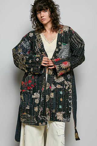 Black Handcrafted Stitch Waistband Kimono Top
