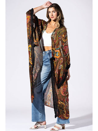 Golden Ochre orange yellow and teal paisley fringe one sized kimono on a white background