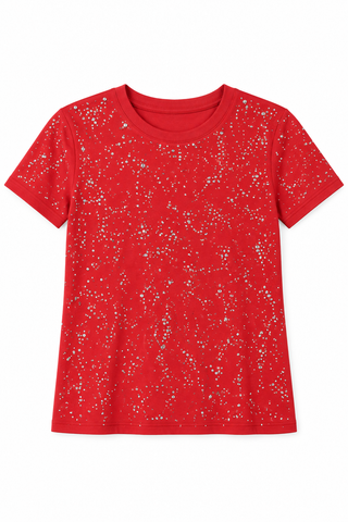 Red Rhinestone Short Sleeve Top - white background flat lay