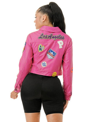 Pink Embroidered Patch Long Sleeve Faux Leather Jacket – supplier photo 3