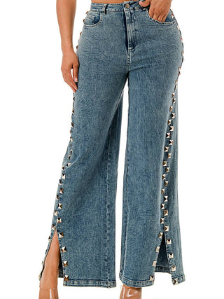 Blue Studded Split-Hem Wide-Leg Pants by SALT