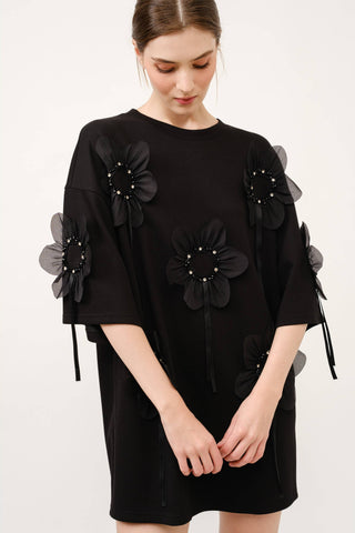 3D Floral Applique Oversized T-Shirt Mini Dress - Born To Glam