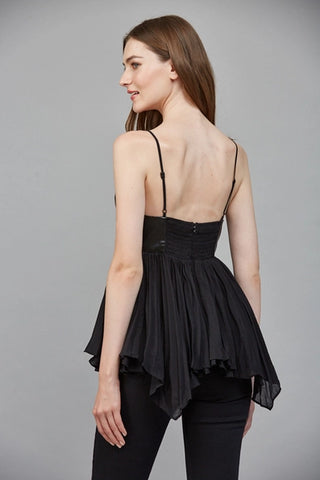 Black Faux Leather Pleated Chiffon Top