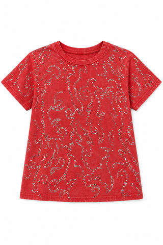 Red Vintage Washed Western Rhinestone Top - white background flat lay