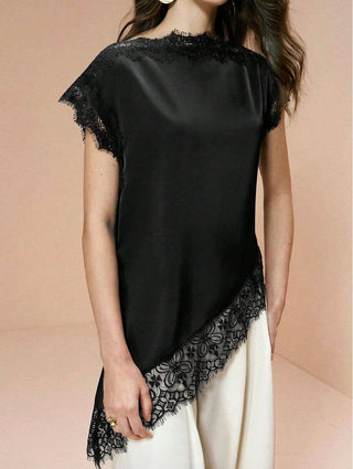 Black Lace Patchwork Short Sleeve Loose Top - Black