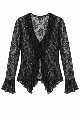 Black Gunmetal Stone Lace Ruffle Cardigan - white background flat lay