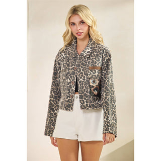 Leopard Print Denim Sequin Jacket