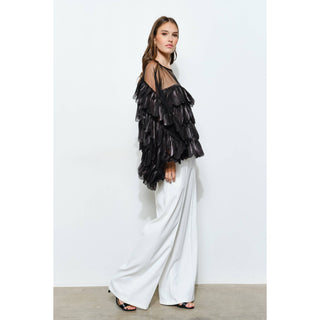 Black Shimmer Organza Scallop Ruffle Layered Blouse - Born To Glam