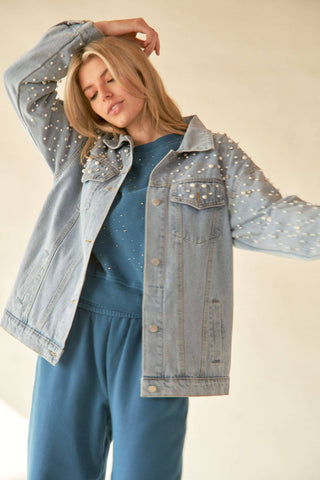 PLUS PEARL RHINESTONE DETAIL DENIM JACKET - Born To Glam