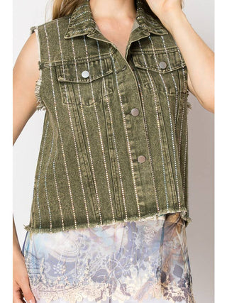 Olive Crystal Stripe Denim Vest - Born To Glam