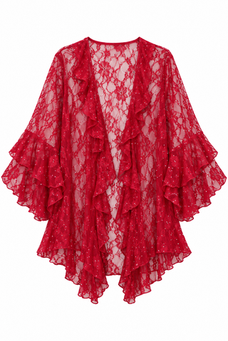 Wine All Lace Tiered Ruffle Cardigan - white background flat lay