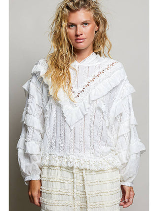 Off White Romantic Lace Ruffle Balloon Sleeve Floral Trim Hoodie duplicate