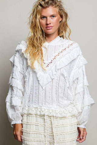 Off White Romantic Lace Ruffle Balloon Sleeve Floral Trim Hoodie