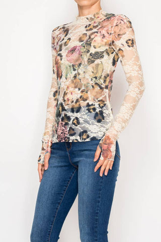 Sheer Flower Lace Mesh Long Sleeve Top – OLS-4865BG-LEO FL - Born To Glam