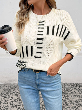 White Contrast Stitch Cable Knit Sweater styled