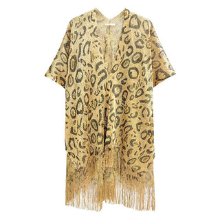 Gold Lurex Leopard Fringe Kimono Animal Print Duster
