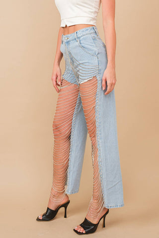 Cut Out Open Leg Rhinestone Chain Denim Jeans - Born To Glam