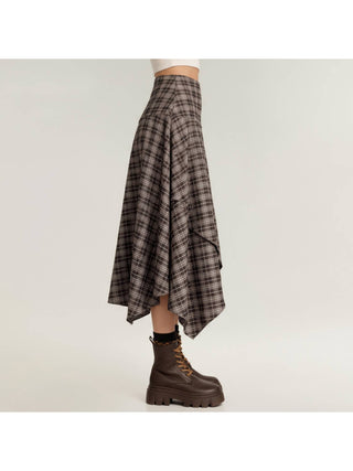 Coffee Plaid Handkerchief Midi Skirt styled