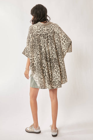 TAUPE LEOPARD ANIMAL PRINTED RIBBON RUFFLE SLEEVE SHIRT TOP - Born To Glam