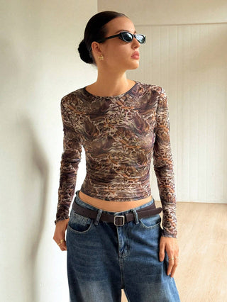Leopard Mesh Long Sleeve Top - Leopard