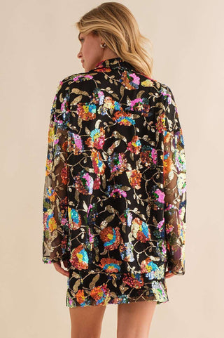 Style the Black Multi Flower Sequin Oversize Shirt exclusively at Born To Glam