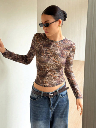 Leopard Mesh Long Sleeve Top - Leopard