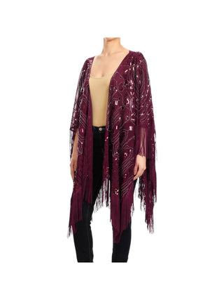 Burgundy Sequin Fringe One Sized Shrug front