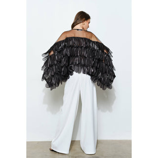 Black Shimmer Organza Scallop Ruffle Layered Blouse - Born To Glam