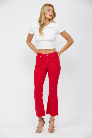 Mica Denim Red High Rise Ankle Flare - Born To Glam