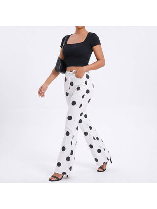 White Polka Dot High-Rise Flare Jeans styled