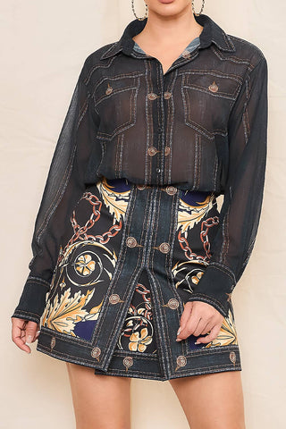 Denim Effect Indigo Gold Skirt Set - Born To Glam