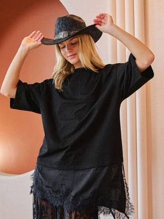 Black Asymmetric Lace Trim Oversized Tee