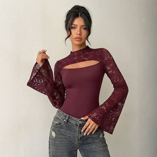 Lace Spliced Bell Sleeve Bodycon Jumpsuit S