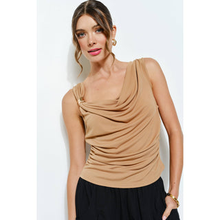 Gold Accent Draped Cowl Neck Sleeveless Top - Born To Glam