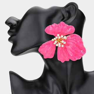 Oversized Stone Bud Enamel Petal Flower Earrings - Born To Glam