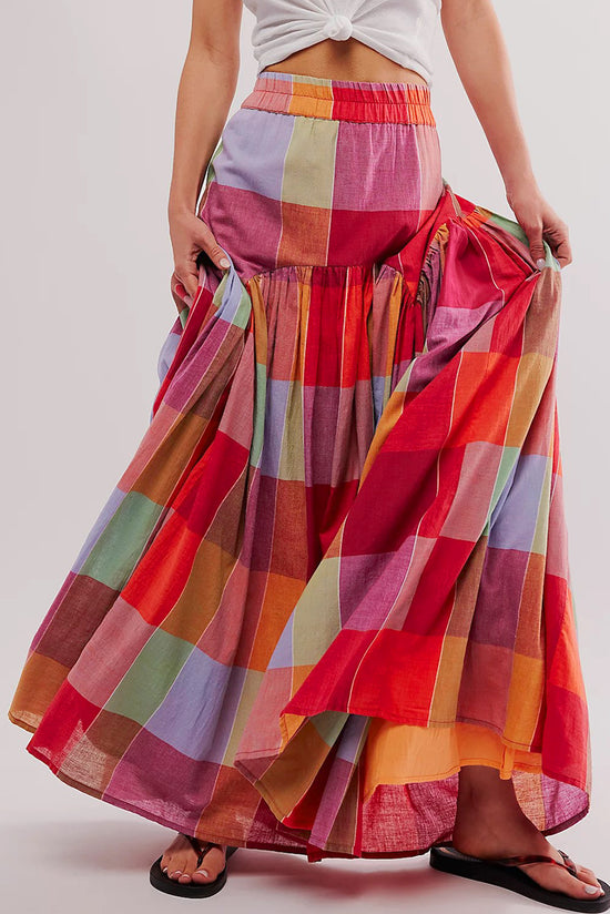 Multicolour Plaid Print Ruched High Waist Casual Maxi Skirt Born To Glam