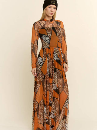 Orange Combo Patchwork Leopard Long Dress